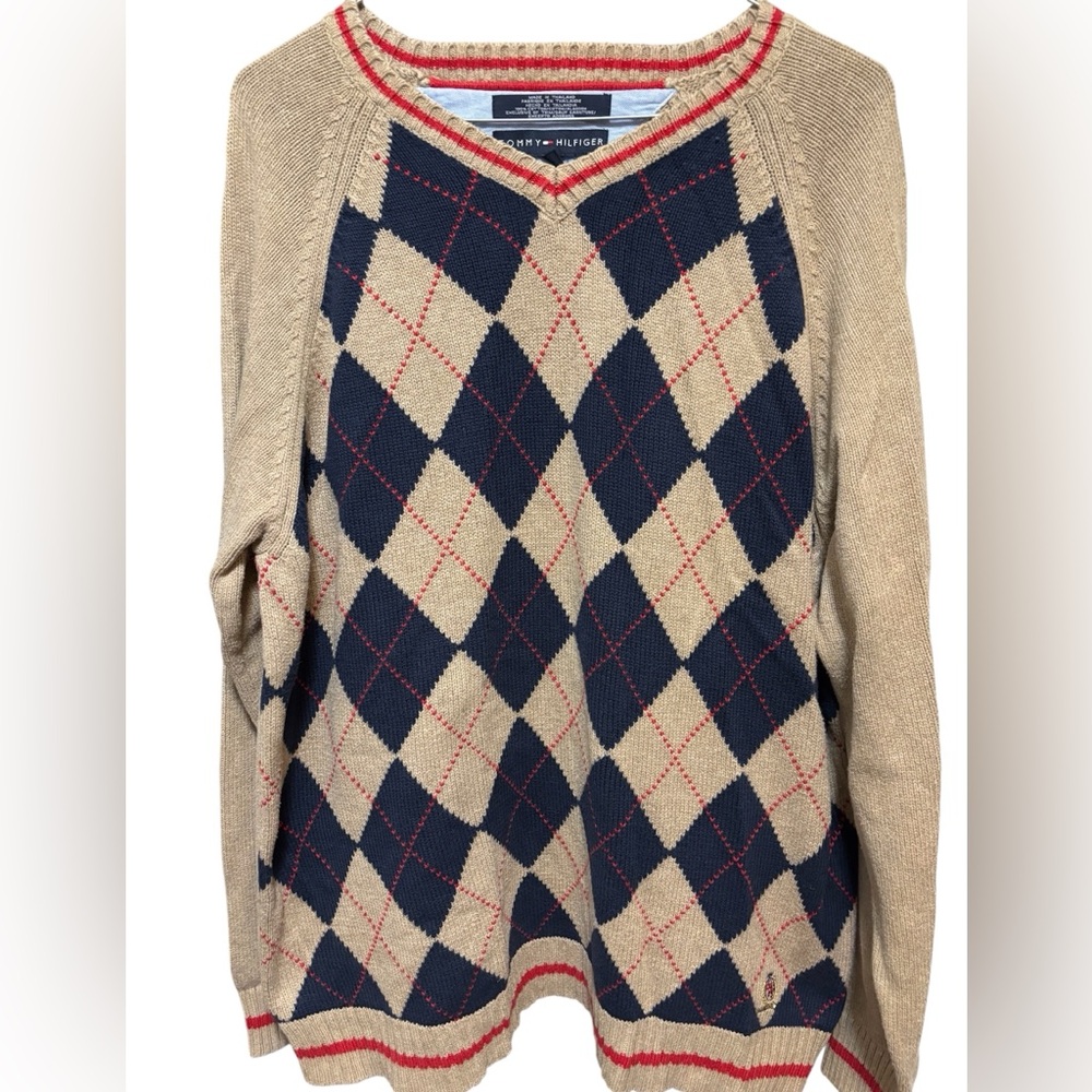 Tommy Hilfiger Beige and Navy Argyle Knit